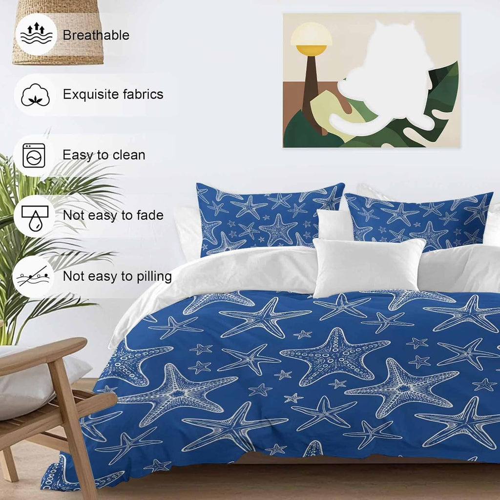 Summer Beach Blue Starfish Duvet Cover Set Queen Size 4 Pieces Modern Nautical Coastal Ocean Marine Life Bedding Set with Zipper Closure, 1 Comforter Cover 92x106 Inches 1 Flat Sheet & 2 Pillow Cases