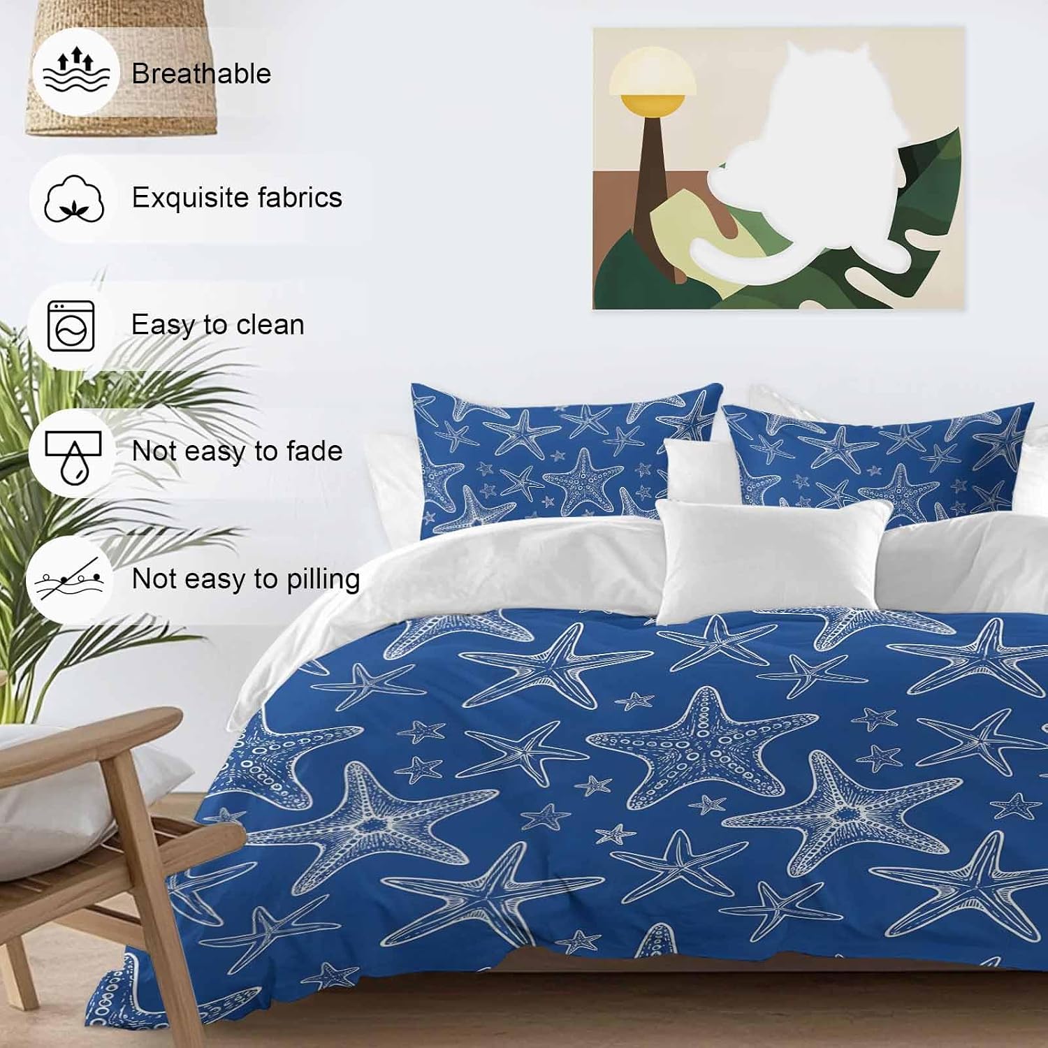 Summer Beach Blue Starfish Duvet Cover Set Queen Size 4 Pieces Modern Nautical Coastal Ocean Marine Life Bedding Set with Zipper Closure, 1 Comforter Cover 86x86 Inches 1 Flat Sheet & 2 Pillow Cases
