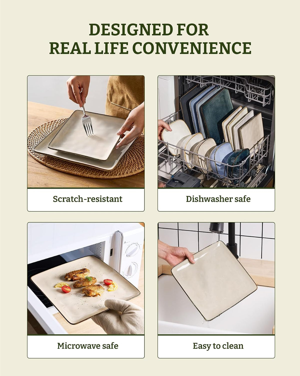 Famiware Stoneware Dinnerware Sets for 8, Ocean Square 24-Piece Kitchen Plates and Bowls Sets, Microwave and Dishwasher Safe, Scratch Resistant, Light khaki