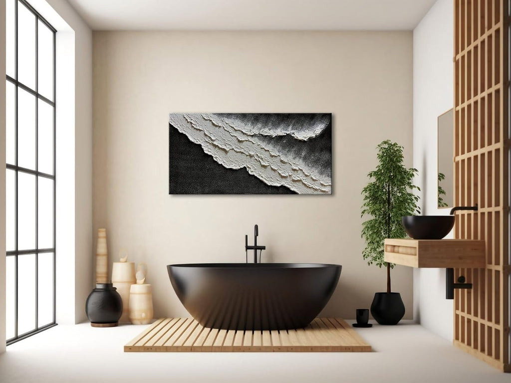 zoinart Hand Painted Large Textured Wall Art, 60x30 Inches Abstract Modern Ocean Wave Paintings, Black and White Beach Wall Art for Living Room Bedroom Wall Decor