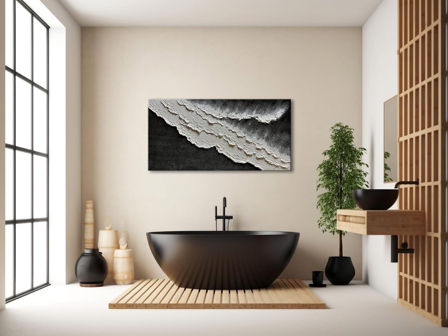 zoinart Hand Painted Large Textured Wall Art, 60x30 Inches Abstract Modern Ocean Wave Paintings, Black and White Beach Wall Art for Living Room Bedroom Wall Decor