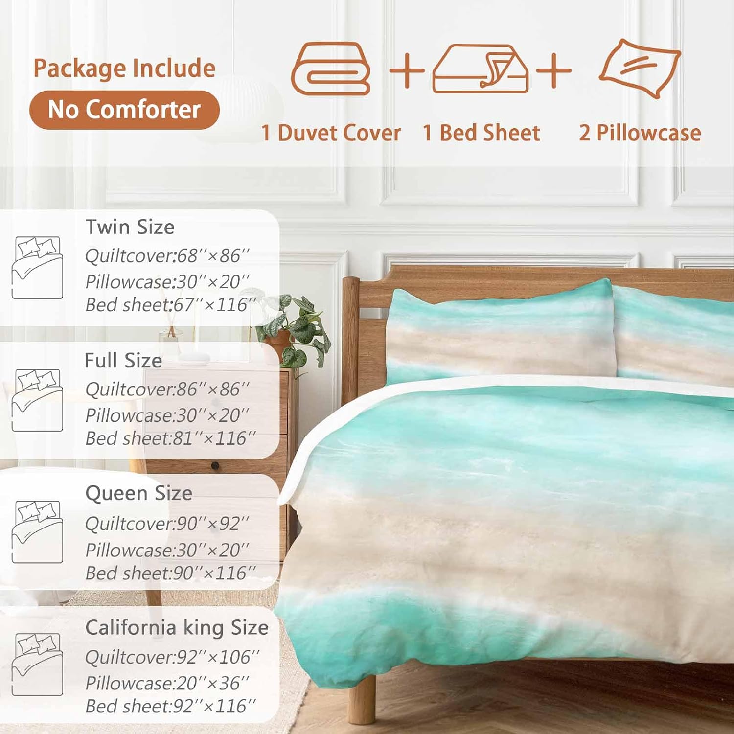 Summer Beach Duvet Cover Set Queen Size 4 Pieces Teal Green Gradient Ocean Wave Beige Sand Abstract Bedding Set with Zipper Closure, 1 Comforter Cover 86x86 Inches 1 Flat Sheet & 2 Pillow Cases