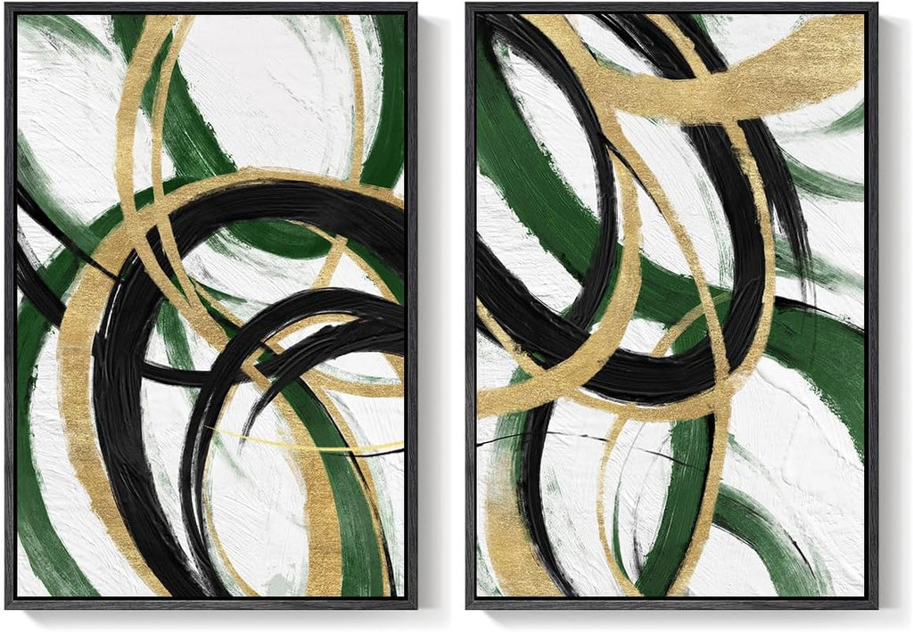 Framed Green Abstract Wall Art Set of 2 for Living Room, Large Green Gold and Black Canvas Artwork for Walls, Modern Luxury Painting Print for Bedroom Dining Room Office Hallway Wall Decor, 24x36 Inch