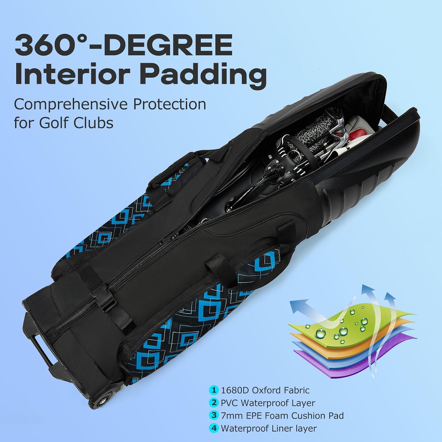 Golf Travel Bags for Airlines with Reinforced Wheels, Hard Case Top and 1680D Heavy Duty Oxford Protect Golf Clubs, Lightweight and Easy to Use