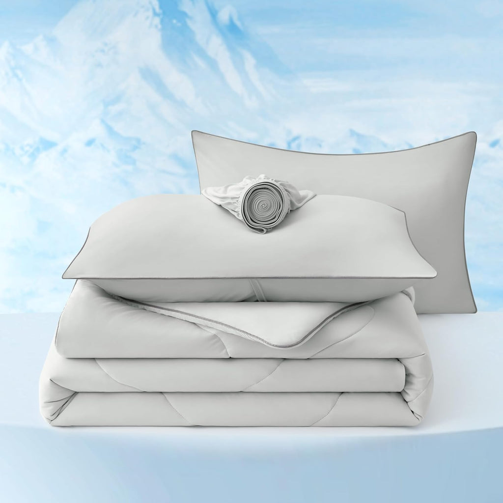 Bedsure Cooling Comforters Queen Size Set 4 Pieces, Grey Cooling Blanket for Hot Sleepers, Double-Sided Cool Tech Queen Bedding Set with Breathable Lightweight Comforter, Sheet & Pillowcases