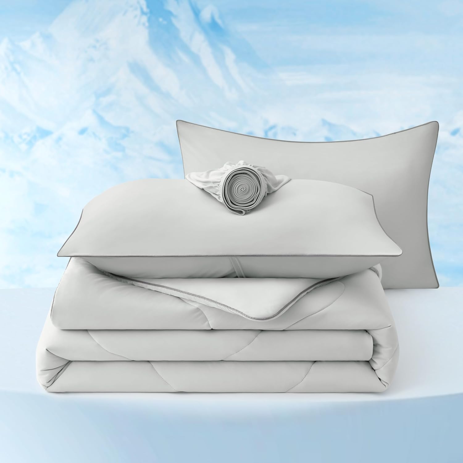 Bedsure Cooling Comforters Queen Size Set 4 Pieces, Grey Cooling Blanket for Hot Sleepers, Double-Sided Cool Tech Queen Bedding Set with Breathable Lightweight Comforter, Sheet & Pillowcases