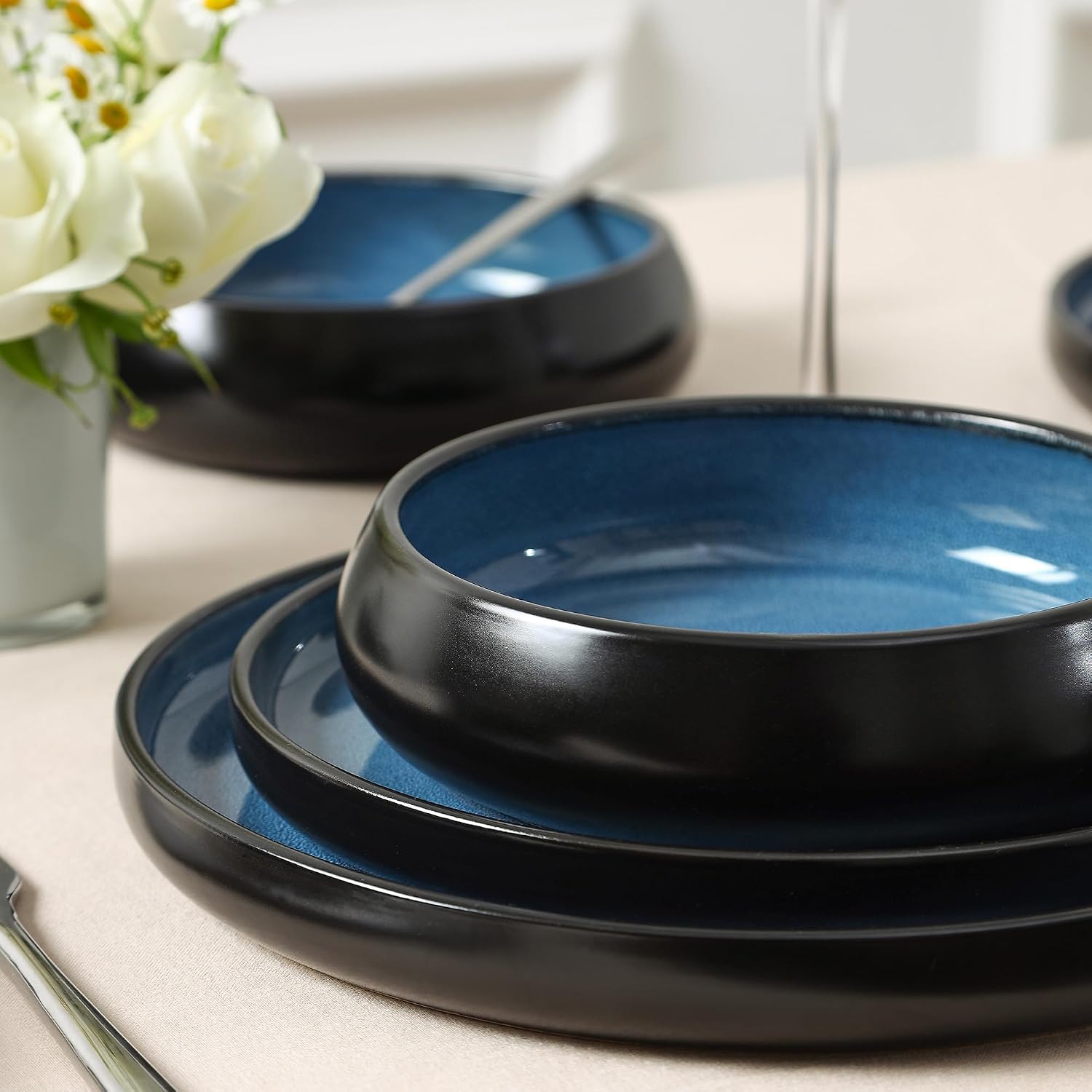 Stone Lain Lagoon 24-Piece Stoneware Dinnerware Set – Plates & Bowls Service for 8, Blue, Microwave & Dishwasher Safe, Durable Modern Ceramic Tableware for Everyday Dining & Entertaining