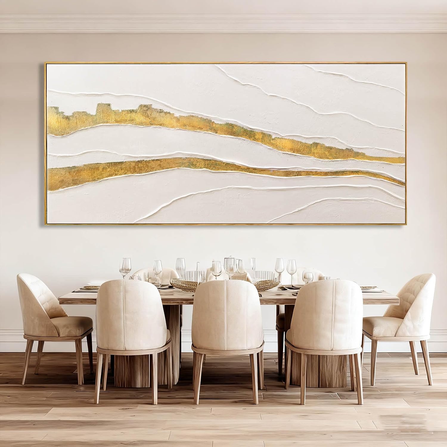 VAYIMDH White and Gold Oil Painting Wall Art Abstract Wall Decor Line Hanging Art 32'x70' Large Artwork for Living Room Decorative Pictures for Office