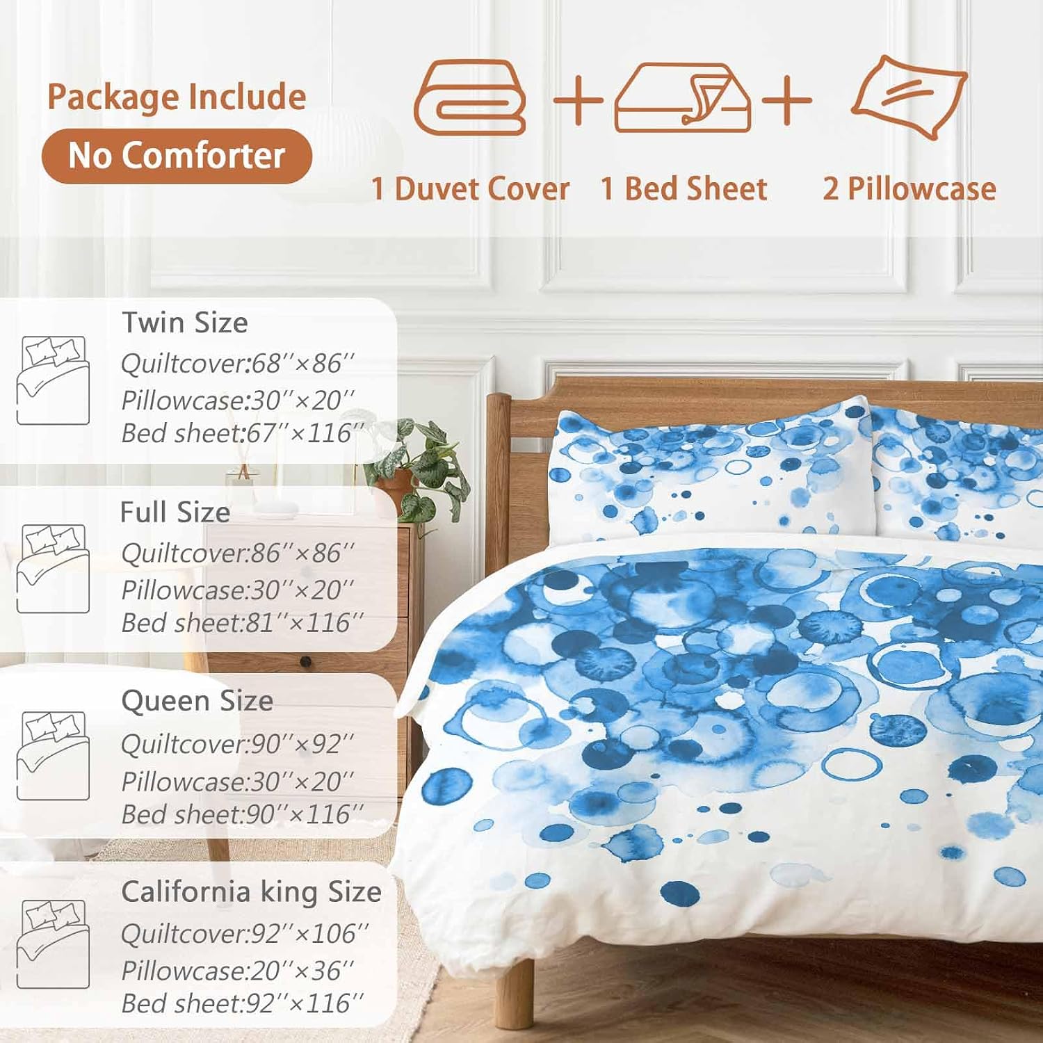 Abstract Duvet Cover Set Queen Size 4 Pieces Blue Gradient Watercolors Ink Points Minimalist Style Bedding Set with Zipper Closure, 1 Comforter Cover 90x92 Inches 1 Flat Sheet & 2 Pillow Cases