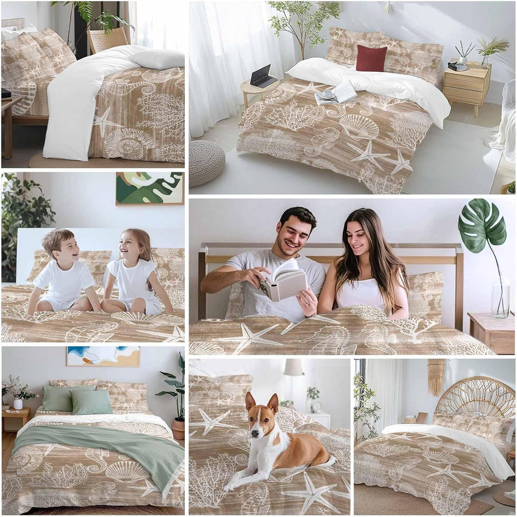 Prime Leader Brown Coastal Duvet Cover Set Queen Size 4 Pieces Nautical Starfish Seahorse Coral Summer Bedding Set with Zipper Closure, 1 Comforter Cover 90x92 Inches 1 Flat Sheet & 2 Pillow Cases