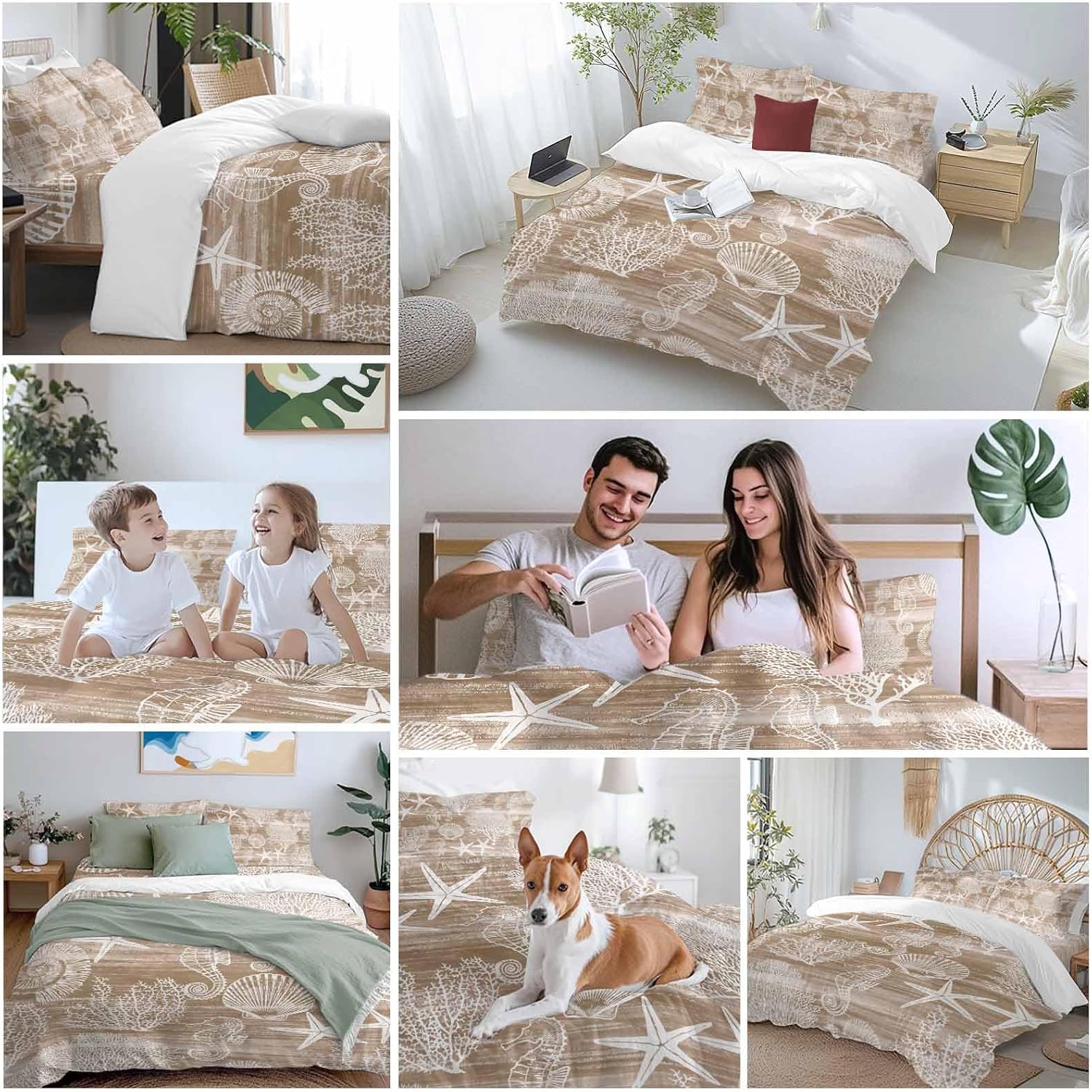 Prime Leader Brown Coastal Duvet Cover Set Queen Size 4 Pieces Nautical Starfish Seahorse Coral Summer Bedding Set with Zipper Closure, 1 Comforter Cover 90x92 Inches 1 Flat Sheet & 2 Pillow Cases