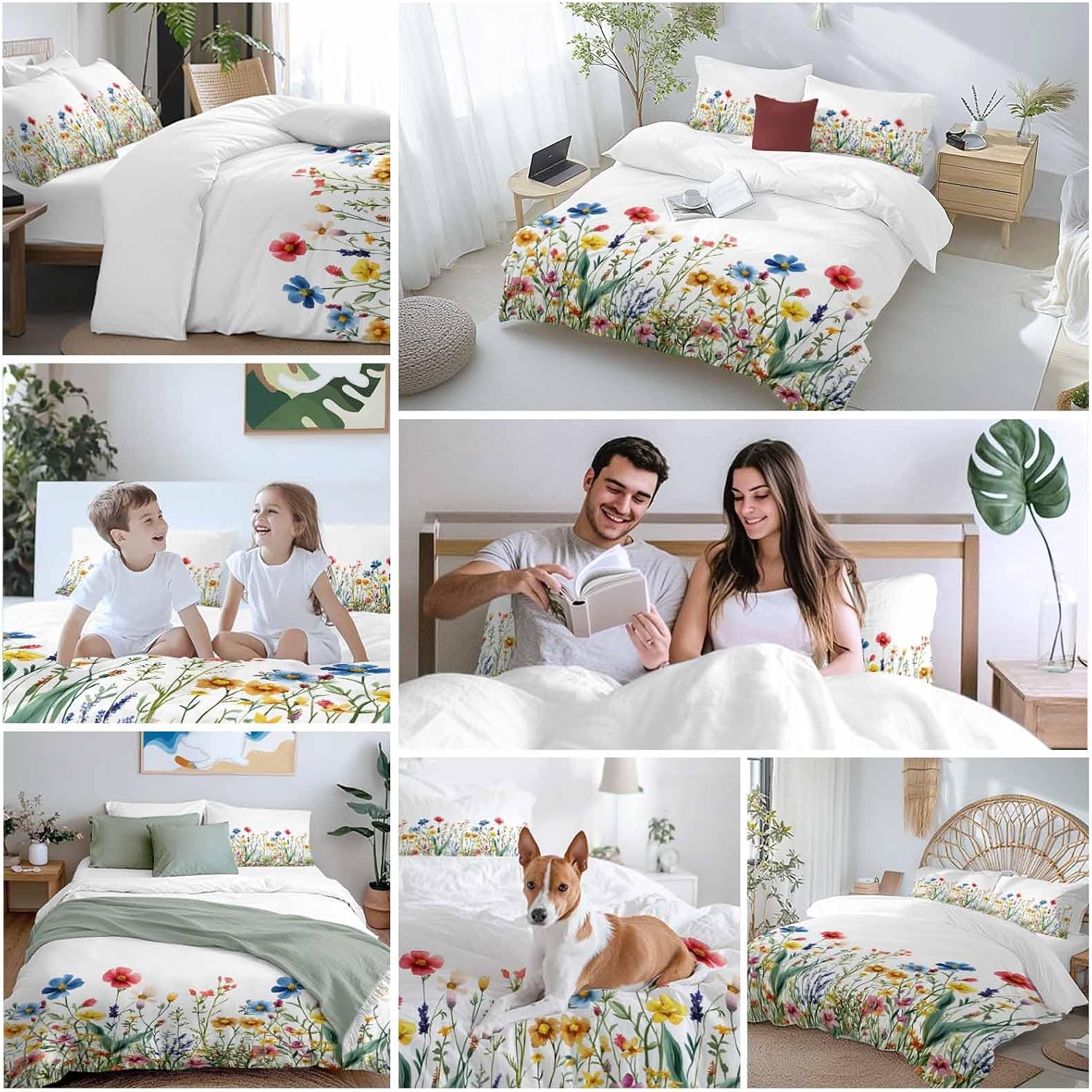 Spring Summer Duvet Cover Set Queen Size 4 Pieces Colorful Wildflower Leaves Sage Green Leaf Bedding Set with Zipper Closure, 1 Comforter Cover 92x106 Inches 1 Flat Sheet & 2 Pillow Cases