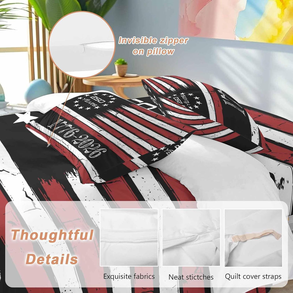 4th of July Duvet Cover Set Queen Size 4 Pieces 250 Years Independence Day Red Black USA Flag Stripe Bedding Set with Zipper Closure, 1 Comforter Cover 92x106 Inches 1 Flat Sheet & 2 Pillow Cases