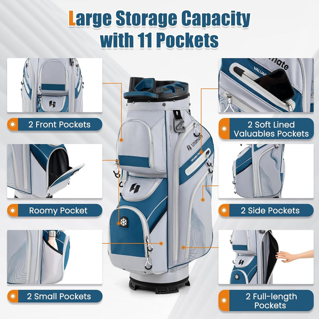 ULTIMATE 14-Way Golf Cart Bag, Golf Bag w/Molded Lock Top & Full Length Dividers, Portable Golf Club Bag w/11 Pockets, Cooler Bag, Padded Strap & Rain Hood for Men Women