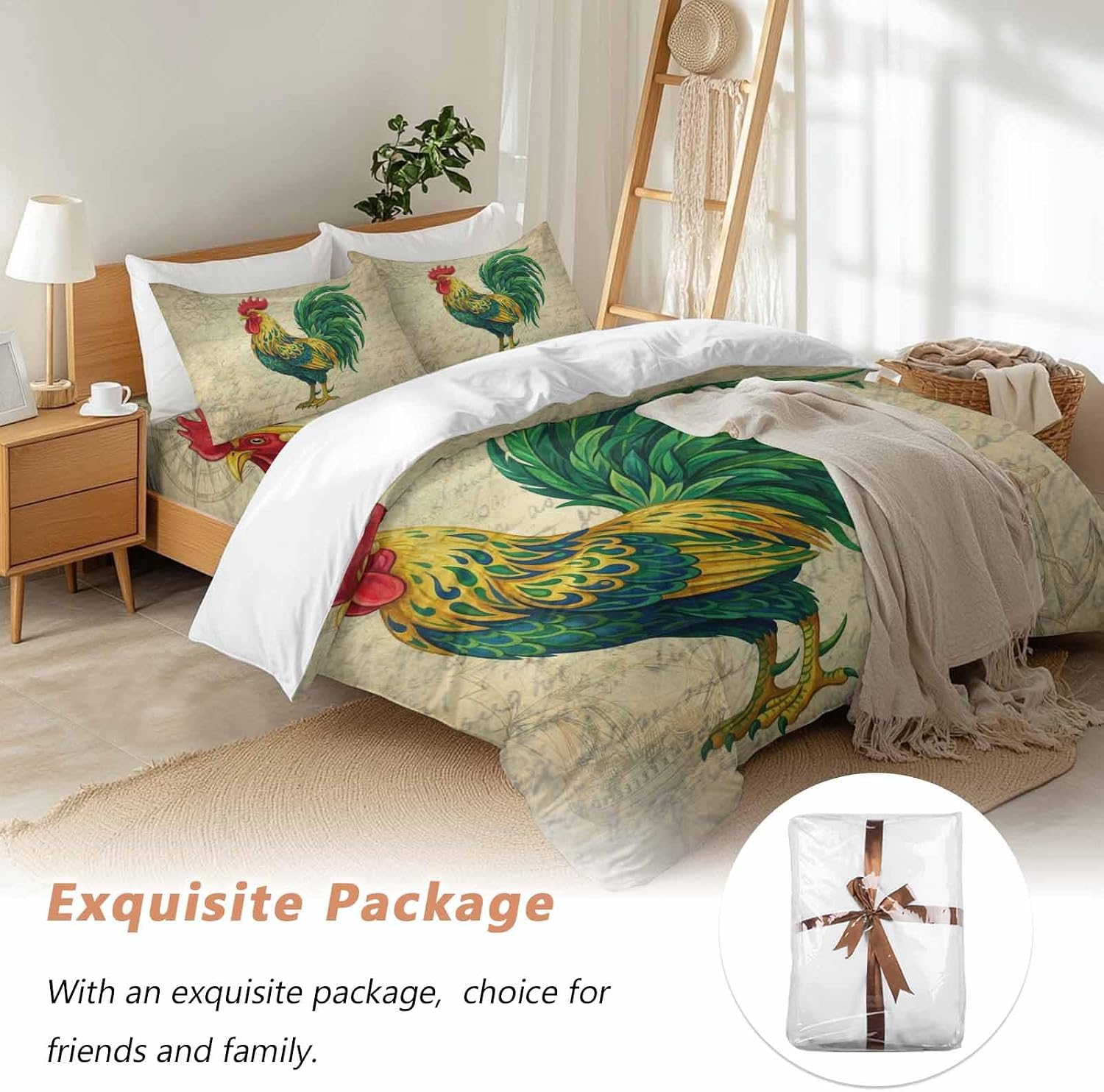 Prime Leader Retro Chicken Duvet Cover Set Queen Size 4 Pieces Farm Rooster Vintage Paper Country Animal Bedding Set with Zipper Closure, 1 Comforter Cover 86x86 Inches 1 Flat Sheet & 2 Pillow Cases