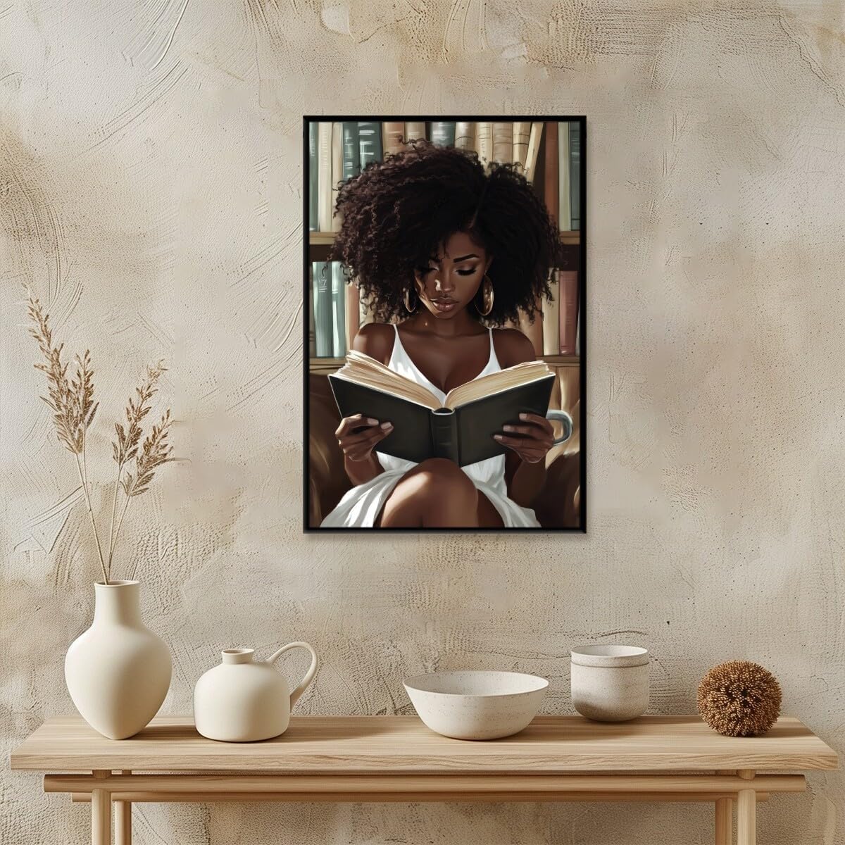 African Black Girl Reading Book Poster, Black Woman Canvas Wall Art Print, Traditional African Symbols Painting, Afrocentric Cultural Wall Decor for Living Room 24x36inch black framed