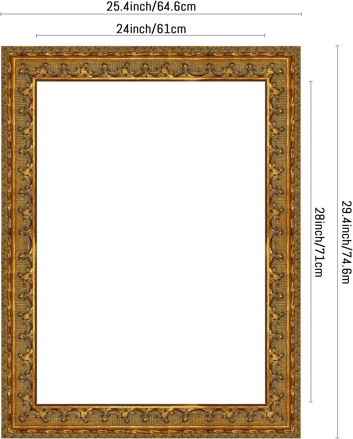 Rimbol Antique Gold Solid Wood Picture Frame - Hand Carved Distressed Finish with Gorgeous Floral Pattern, Wide Ribbon Gallery Frame for Canvas Paintings - Wall Decor for Living Room, Bedroom (24x28)
