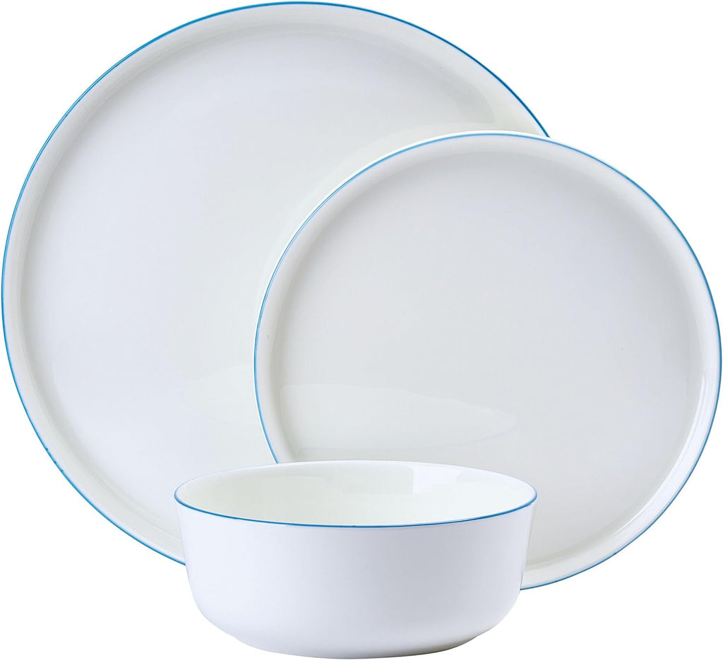 Mikasa Samantha 12 Piece Bone China Dinnerware Set, Service for 4, Flat Plates and Bowl with Blue Rim, Chip-Resistant, Lightweight, Elegant and Durable, White