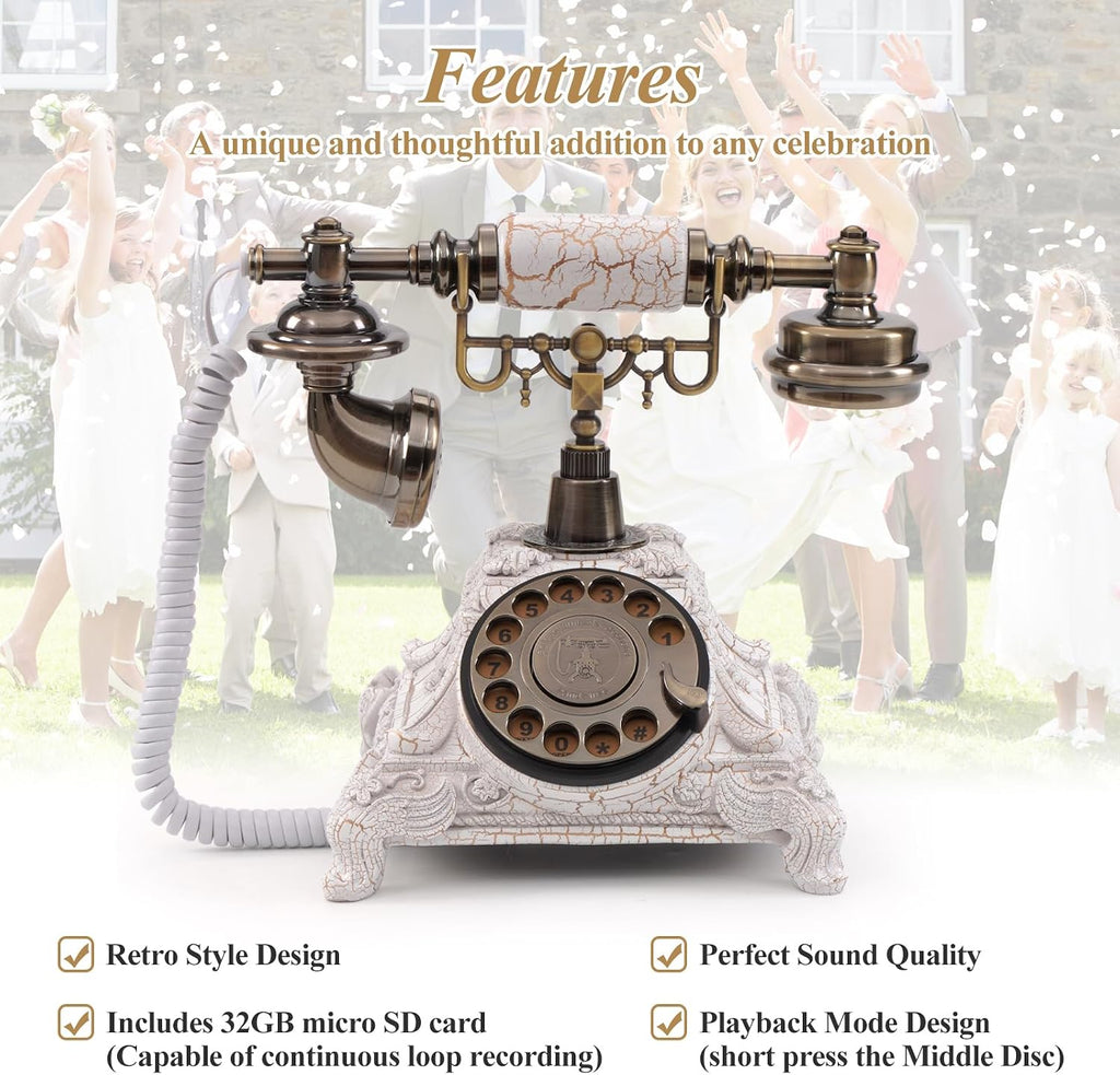 Audio Guest Book Phone, 32G Capacity Vintage Audio GuestBook Wedding Phone, Retro Audio Telephone Recording Customized Voice Message for Your Wedding Party, Retro White