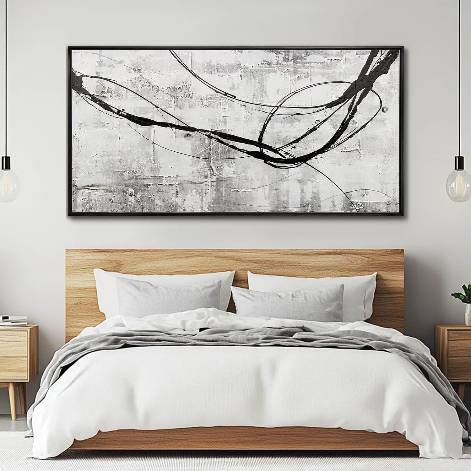 Abstract Framed Wall Art for Living Room White Pictures Canvas Black Arts Wall Decor Poster Prints Artwork for Hotel Gallery 24'x48'