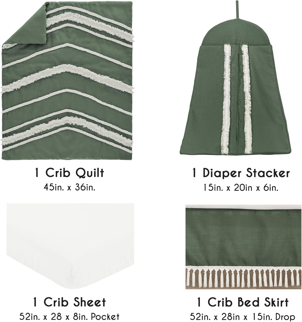 Sweet Jojo Designs 4-Piece Baby Crib Bedding Set (Green Boho Linen) for Boys or Girls, Infants/Nursery incl. Blanket, 100% Cotton Fitted Sheet, Skirt, Diaper Stacker (Sage, Chevron, Neutral Farmhouse)