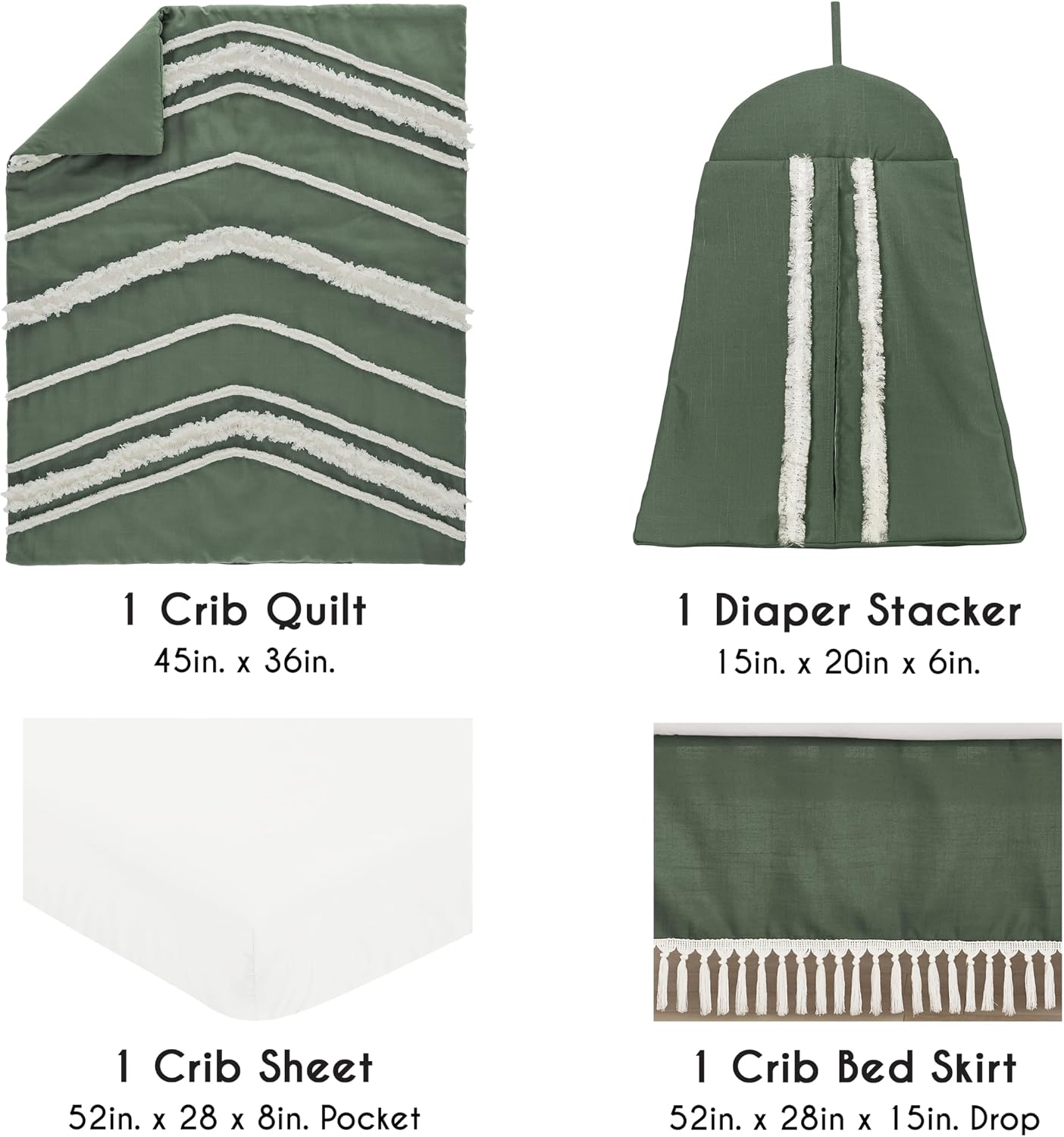 Sweet Jojo Designs 4-Piece Baby Crib Bedding Set (Green Boho Linen) for Boys or Girls, Infants/Nursery incl. Blanket, 100% Cotton Fitted Sheet, Skirt, Diaper Stacker (Sage, Chevron, Neutral Farmhouse)