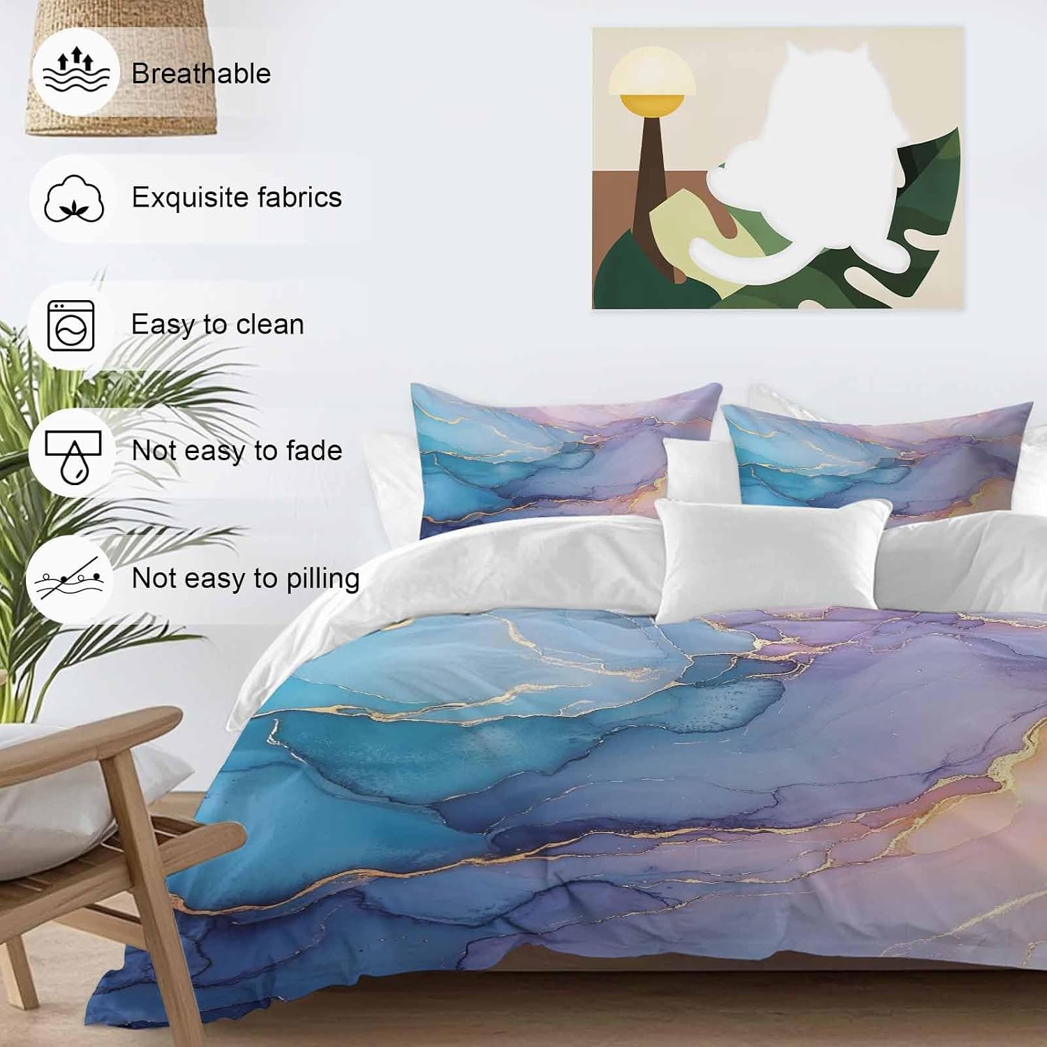 Pink Blue Marble Duvet Cover Set Queen Size 4 Pieces Abstract Marble Stone Texture Modern Style Bedding Set with Zipper Closure, 1 Comforter Cover 90x92 Inches 1 Flat Sheet & 2 Pillow Cases