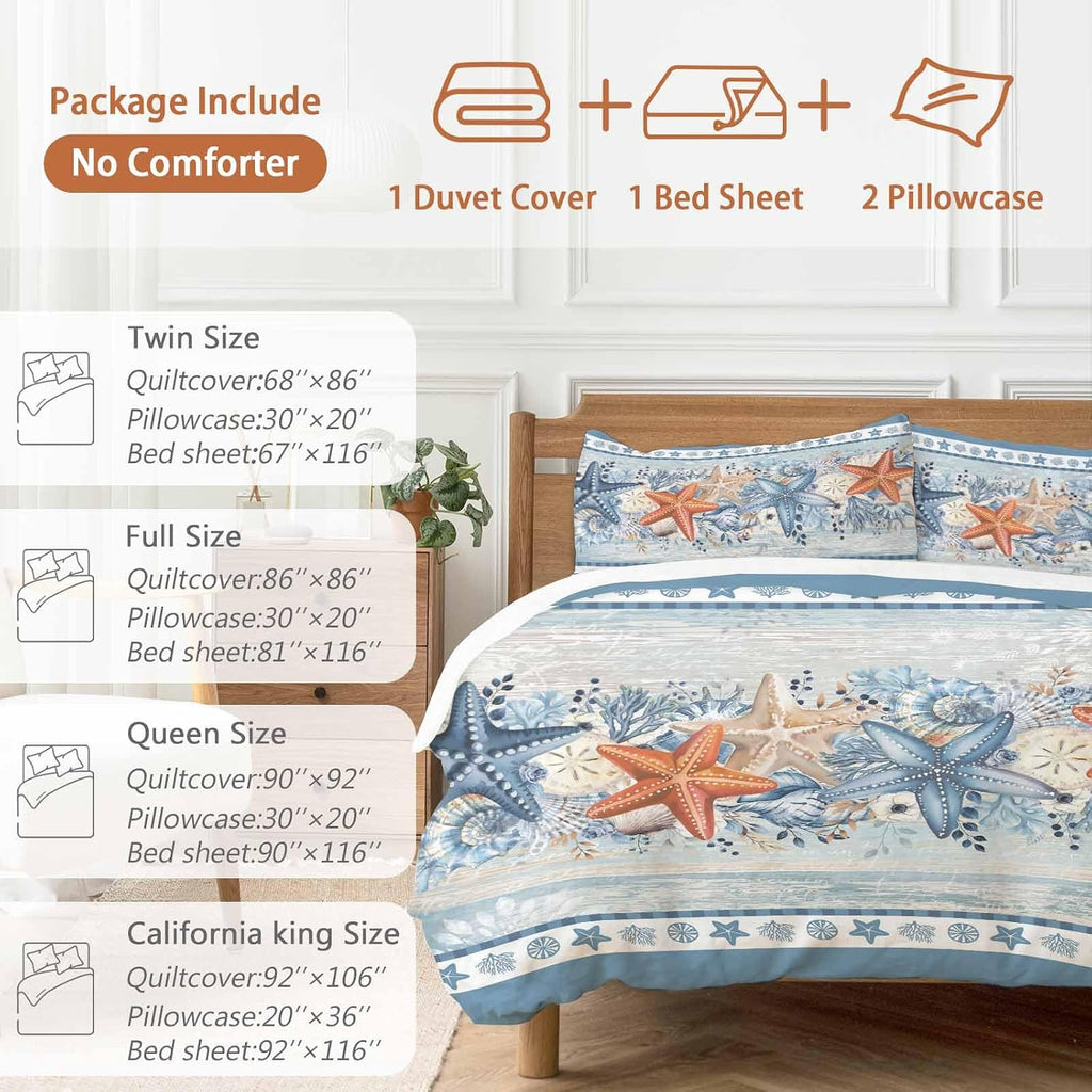 Blue Coastal Duvet Cover Set Queen Size 4 Pieces Orange Starfish Coral Beach Nautical Vintage Bedding Set with Zipper Closure, 1 Comforter Cover 86x86 Inches 1 Flat Sheet & 2 Pillow Cases