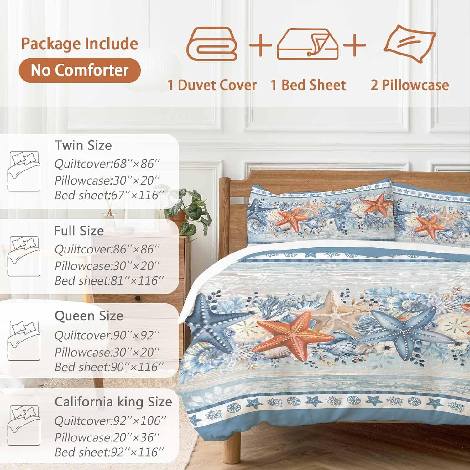Blue Coastal Duvet Cover Set Queen Size 4 Pieces Orange Starfish Coral Beach Nautical Vintage Bedding Set with Zipper Closure, 1 Comforter Cover 86x86 Inches 1 Flat Sheet & 2 Pillow Cases