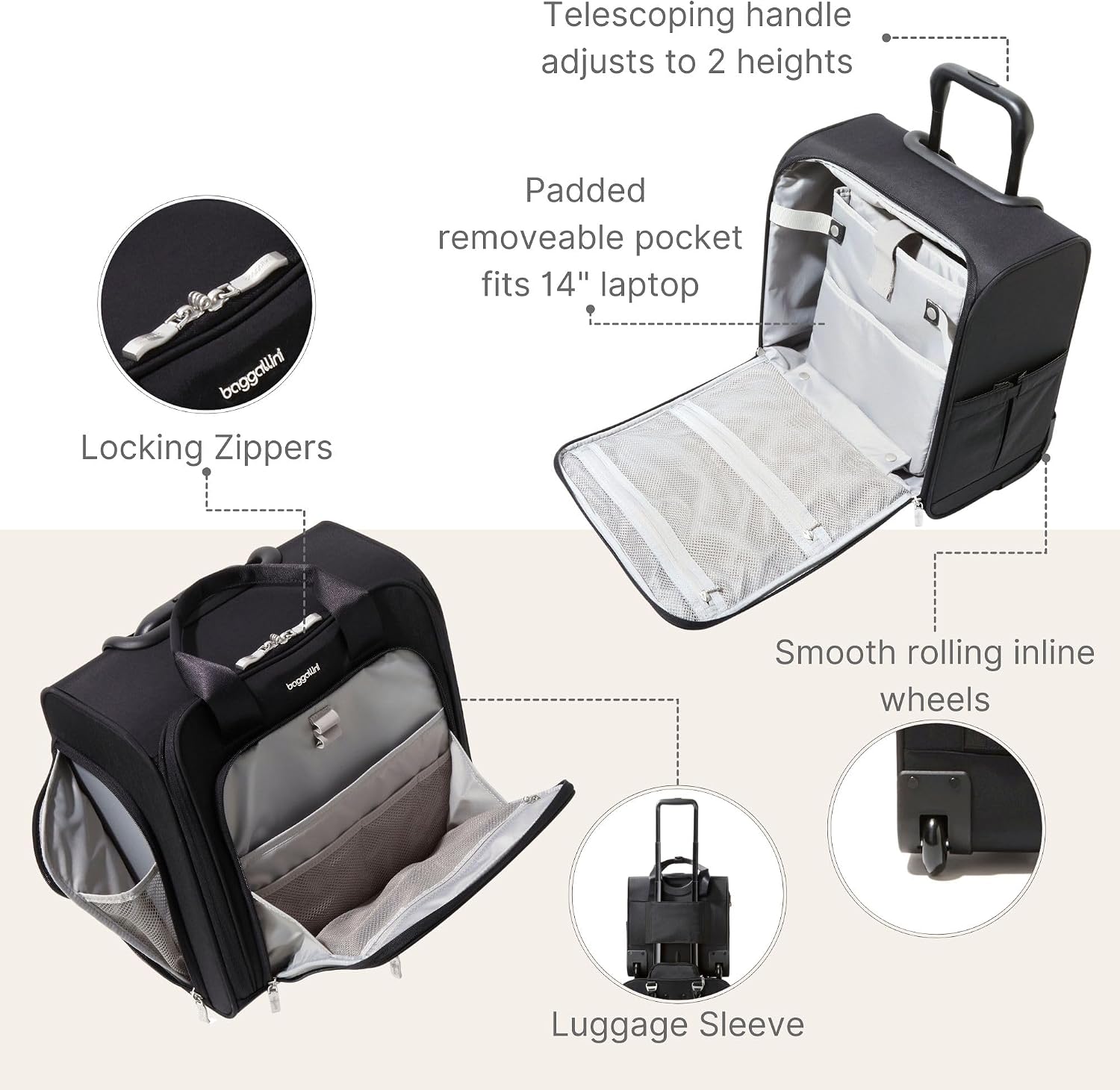 Baggallini 2 Wheel Underseater Carry-On - Lightweight Travel Weekender Luggage