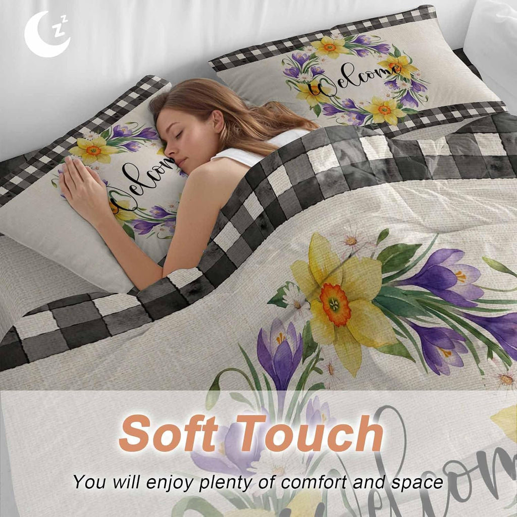 Welcome Duvet Cover Set Queen Size 4 Pieces Vintage Purple Yellow Floral Wreath Linen Texture Bedding Set with Zipper Closure, 1 Comforter Cover 86x86 Inches 1 Flat Sheet & 2 Pillow Cases