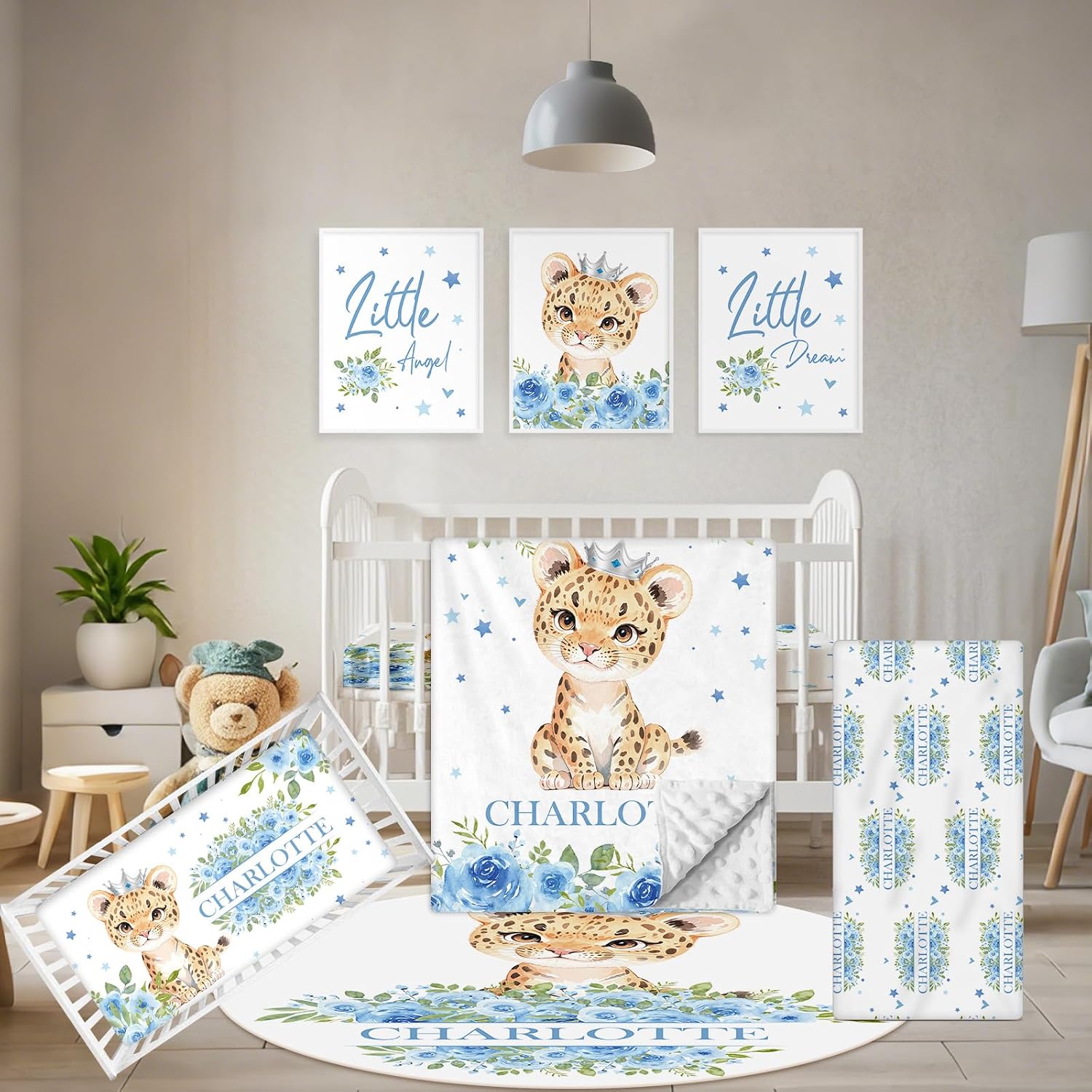 Terwex Personalized Crib Bedding Set, 5 Pcs Custom Nursery Bedding Sets with Name, Infant Bedding Set for Baby Boy Girl, Blue Leopard Double Layer Baby Crib Set, Babies Toddlers Kids Customized Gifts