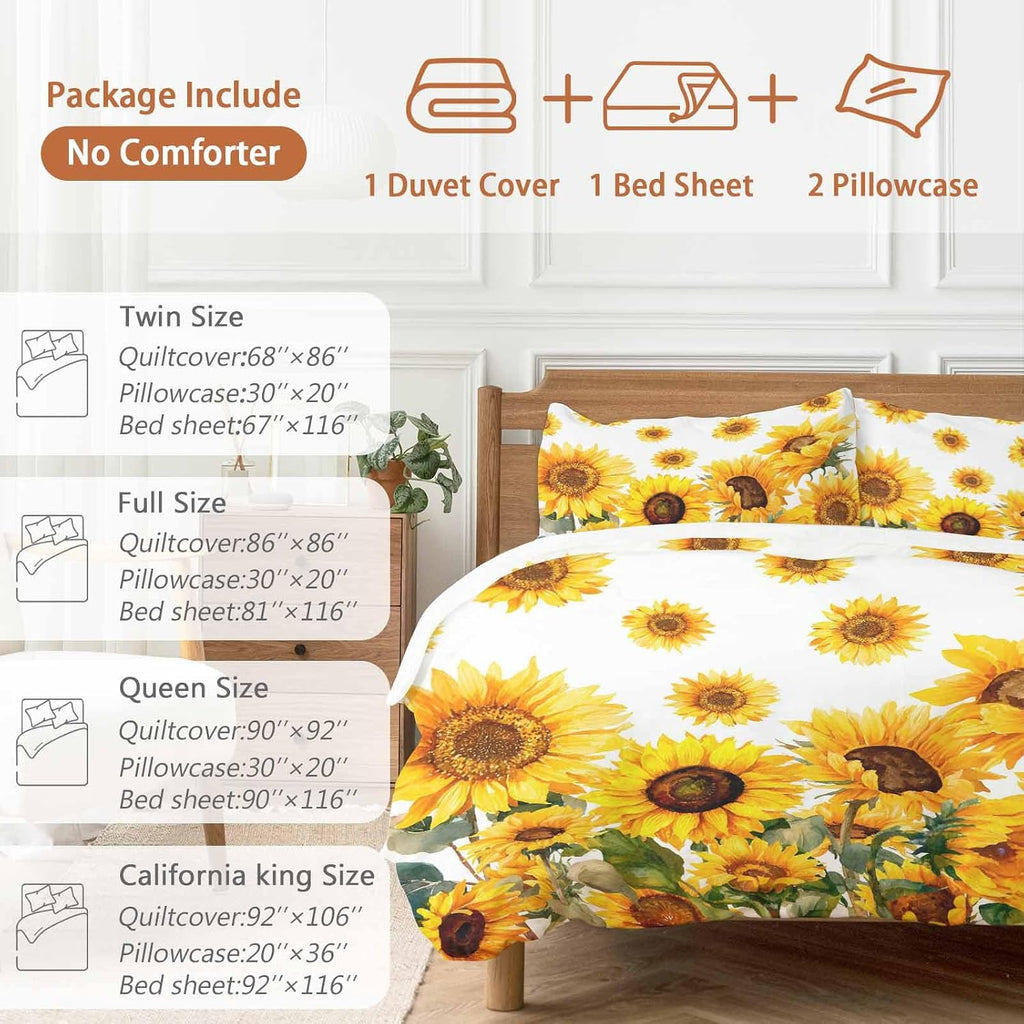 Prime Leader Summer Sunflower Duvet Cover Set Queen Size 4 Pieces Watercolor Flowers Farmhouse Bedding Set with Zipper Closure, 1 Comforter Cover 86x86 Inches 1 Flat Sheet & 2 Pillow Cases