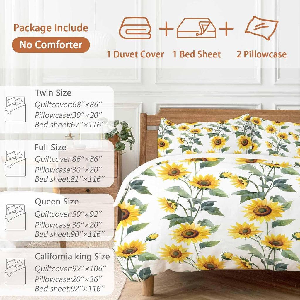Prime Leader Summer Sunflowers Duvet Cover Set Queen Size 4 Pieces Watercolor Floral White Bedding Set with Zipper Closure, 1 Comforter Cover 90x92 Inches 1 Flat Sheet & 2 Pillow Cases