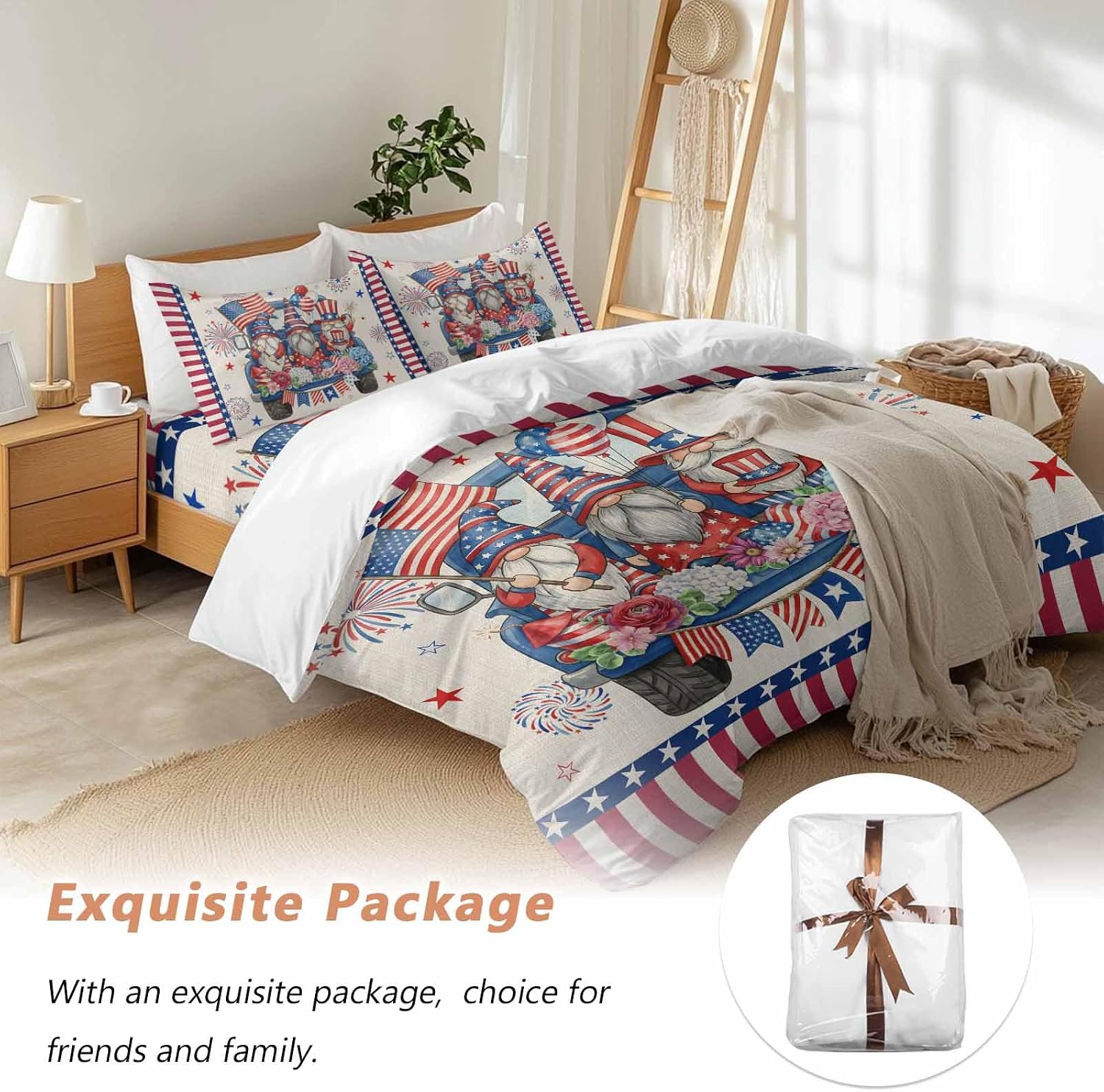250th US Anniversary Duvet Cover Set Queen Size 4 Pieces Independence Day Gnomes Blue Truck Retro Bedding Set with Zipper Closure, 1 Comforter Cover 90x92 Inches 1 Flat Sheet & 2 Pillow Cases
