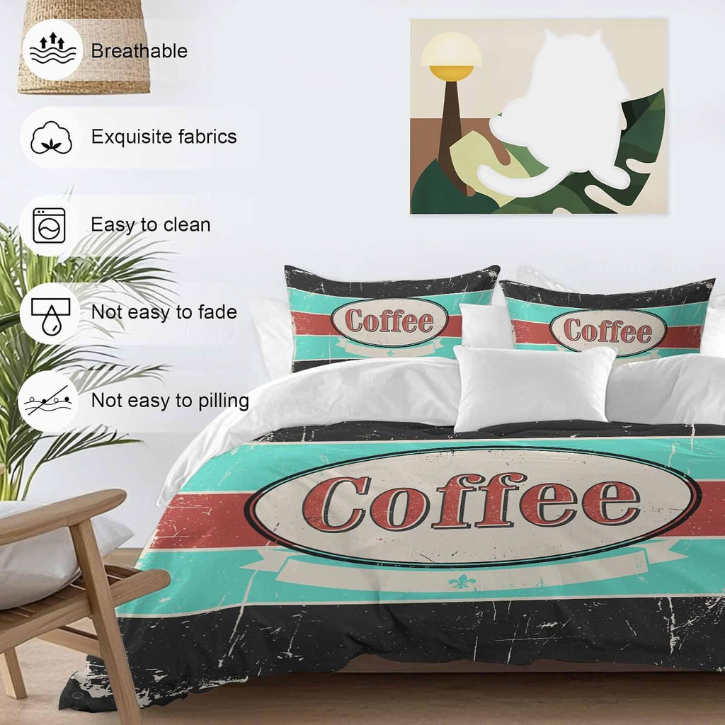 Coffee Duvet Cover Set Queen Size 4 Pieces Shabby Chic Blue Red Stripes Letter Print Casual Vintage Bedding Set with Zipper Closure, 1 Comforter Cover 90x92 Inches 1 Flat Sheet & 2 Pillow Cases