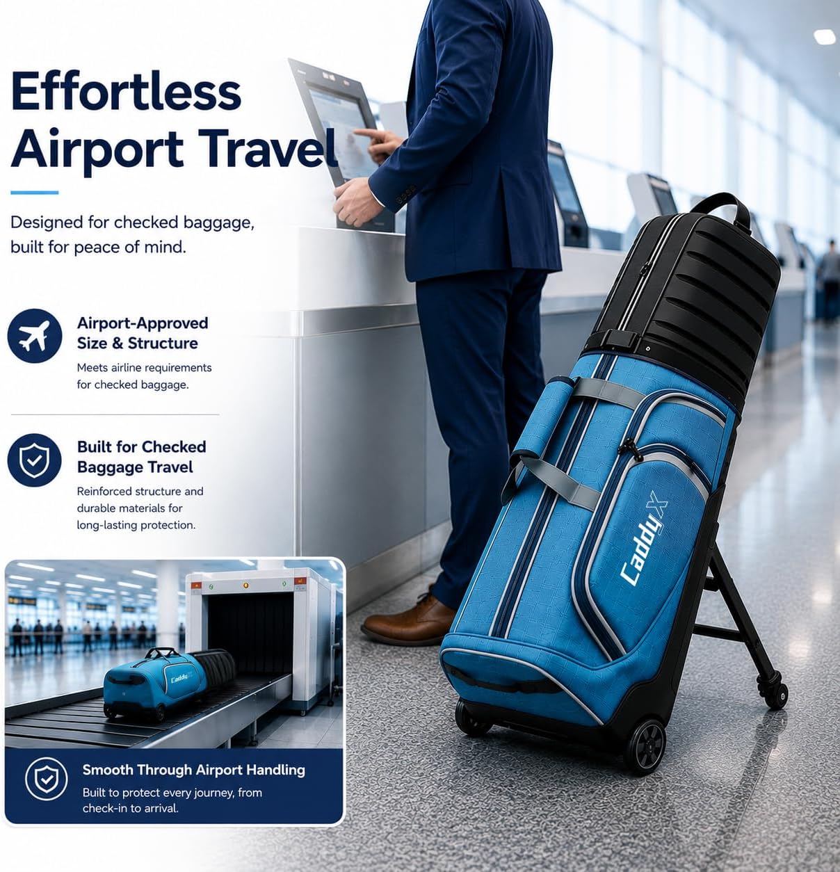 Premium Golf Travel Bag for Airlines with 4-Wheel Hands-Free Rolling & 2-Wheel Pull Mode, Enhanced Head Protection, Reinforced Hard Base