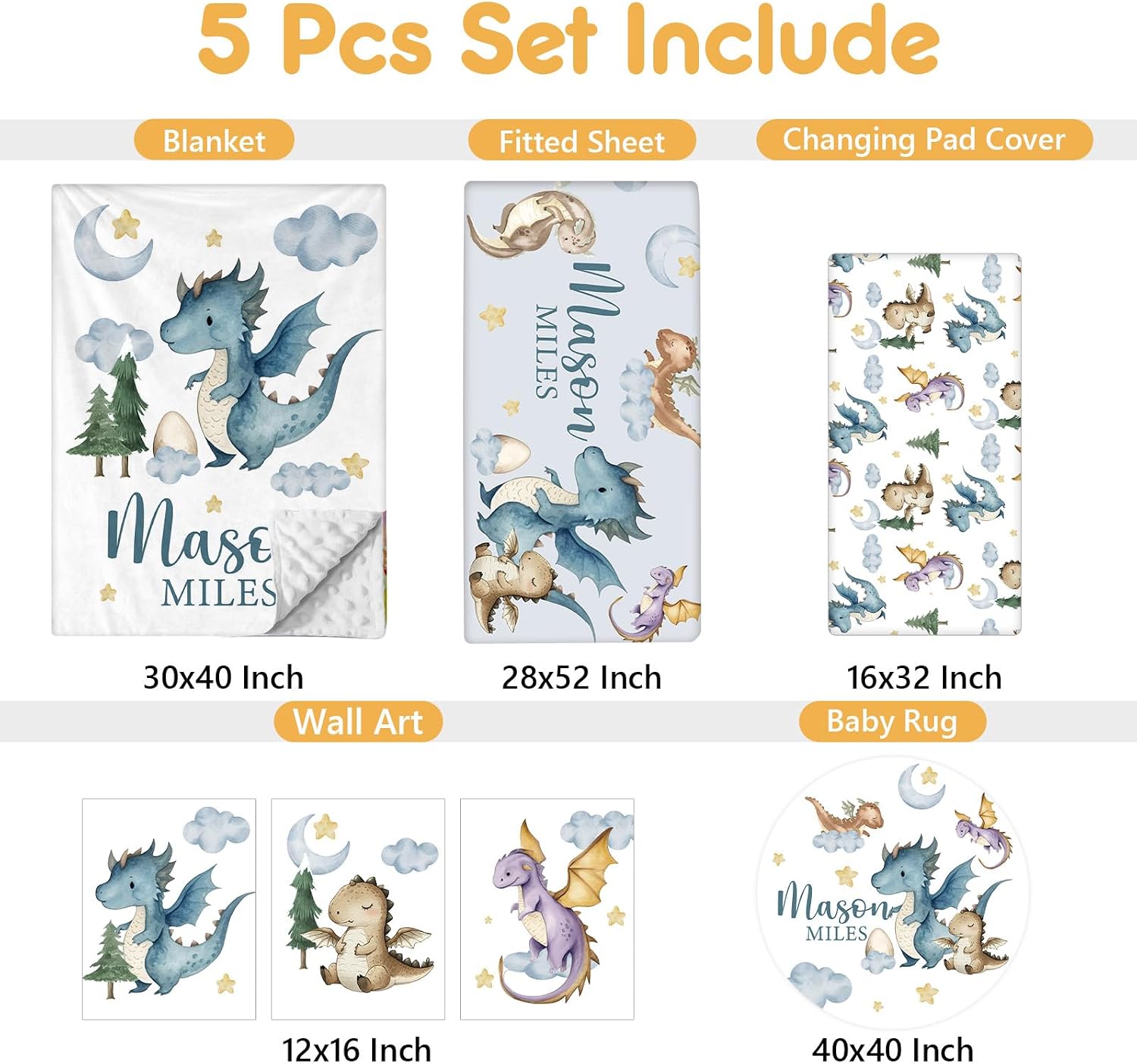 Terwex Custom Baby Crib Bedding Set, 5 Pcs Personalized Name Baby Crib Sets for Infant Toddler, Blue Dinosaur Nursery Bedding Set for Baby Boy, Double Layer Baby Bedding Sets Customized Gifts