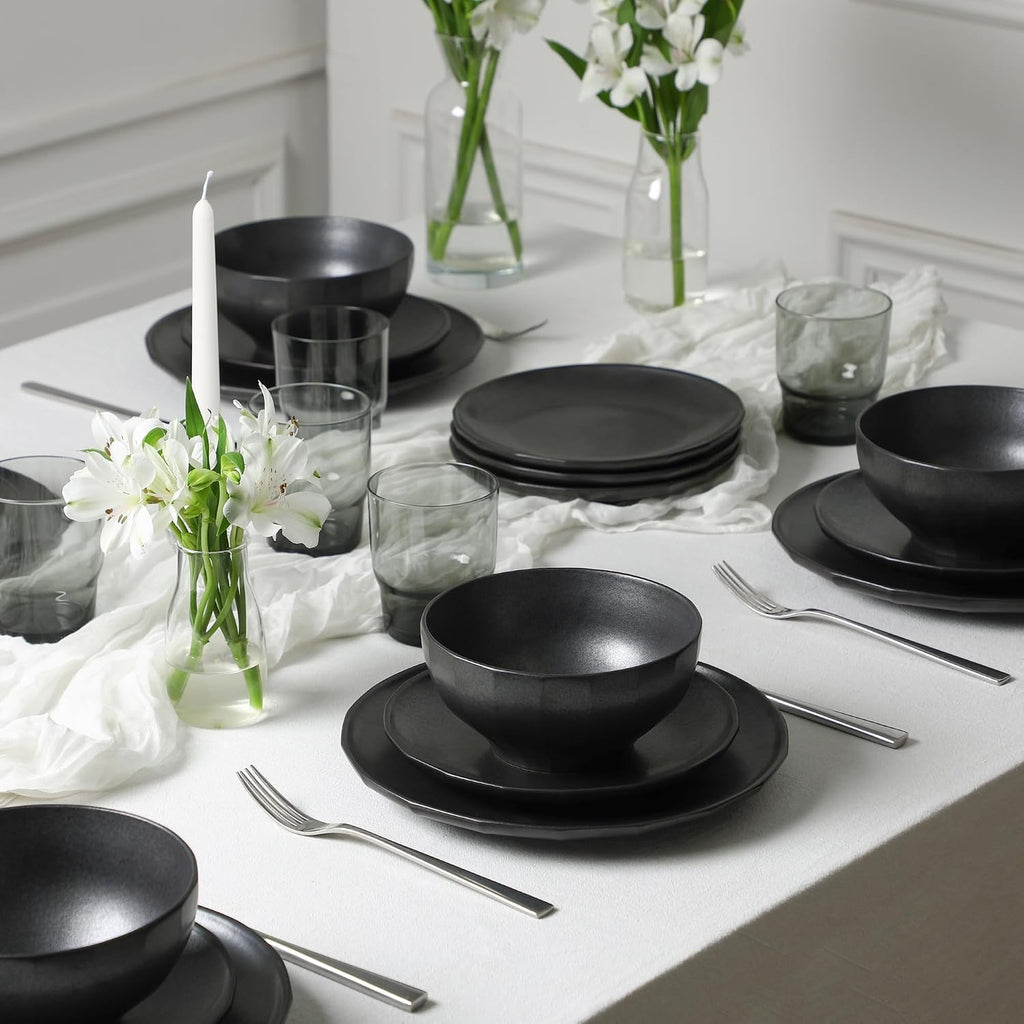 Stone Lain Rio Stoneware 32 Piece Dinnerware Set, Plates and Bowls Sets, Black Dish Set for 8 with Fluted Colored Glass Cups, Microwave & Dishwasher Safe