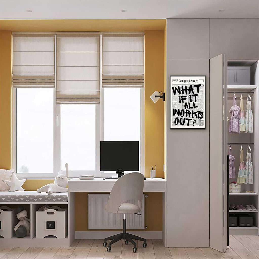 Retro Black And White Newspaper Poster What If It All Works Out Canvas Wall Art Positive Affirming Quote Minimalist Prints Painting For Home Bedroom Dorm Wall Decor 24x36in Framed