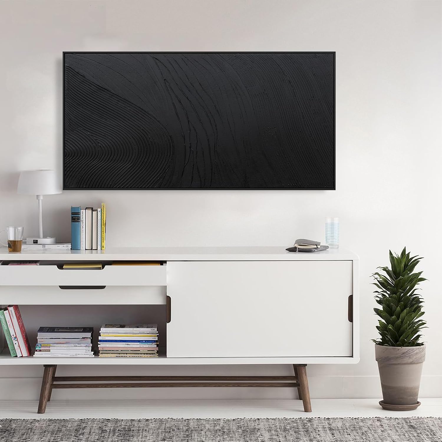 Framed Abstract Wall Art For Living Room Wall Decor Artwork 48' W X 24' H Black Hand Painted Line Texture Canvas In Large Abstract Artwork For Living Room Bedroom Office Modern Glam Decor Ready To Hang