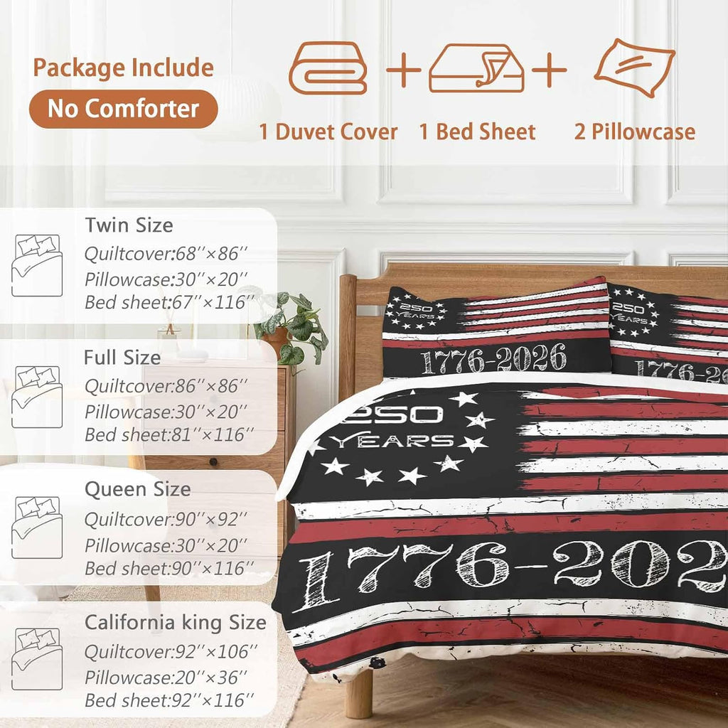 4th of July Duvet Cover Set Queen Size 4 Pieces 250 Years Independence Day Red Black USA Flag Stripe Bedding Set with Zipper Closure, 1 Comforter Cover 92x106 Inches 1 Flat Sheet & 2 Pillow Cases