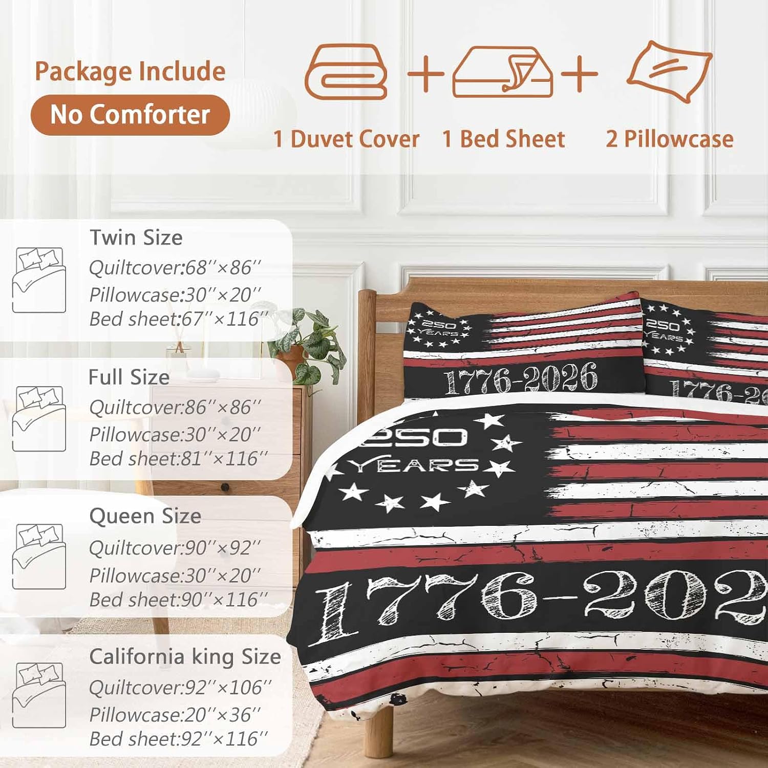 4th of July Duvet Cover Set Queen Size 4 Pieces 250 Years Independence Day Red Black USA Flag Stripe Bedding Set with Zipper Closure, 1 Comforter Cover 92x106 Inches 1 Flat Sheet & 2 Pillow Cases