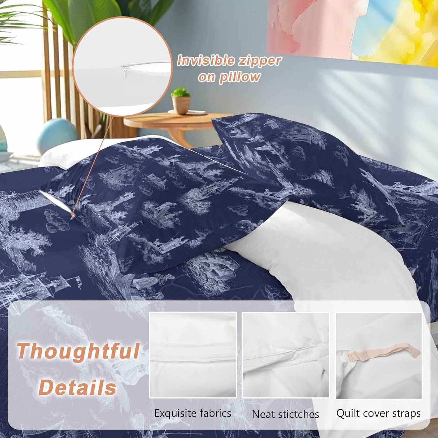 Vintage Farmhouse Ocean Duvet Cover Set Queen Size 4 Pieces Country Nautical Blue Sea Ships Castles Map Bedding Set with Zipper Closure, 1 Comforter Cover 92x106 Inches 1 Flat Sheet & 2 Pillow Cases