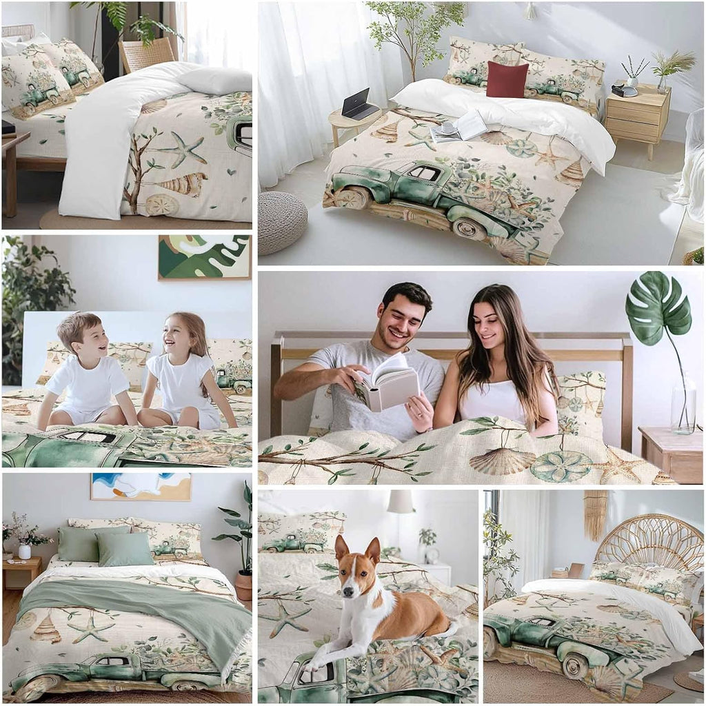 Prime Leader Sage Green Truck Duvet Cover Set Queen Size 4 Pieces Ocean Starfish Shell Summer Leaf Wood Bedding Set with Zipper Closure, 1 Comforter Cover 90x92 Inches 1 Flat Sheet & 2 Pillow Cases