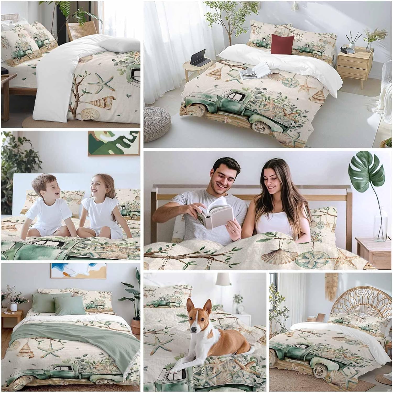 Prime Leader Sage Green Truck Duvet Cover Set Queen Size 4 Pieces Ocean Starfish Shell Summer Leaf Wood Bedding Set with Zipper Closure, 1 Comforter Cover 90x92 Inches 1 Flat Sheet & 2 Pillow Cases