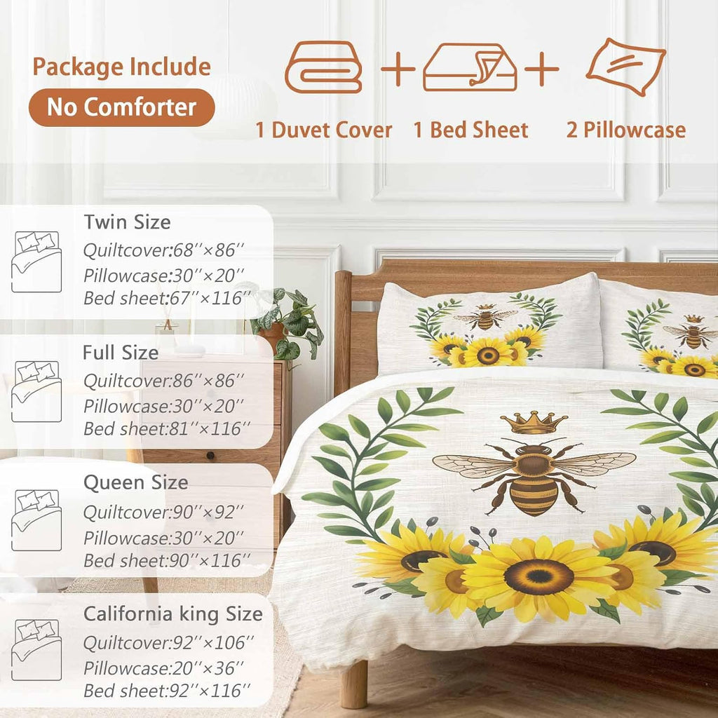 Retro Crown Bee Duvet Cover Set Queen Size 4 Pieces Country Sunflowers Green Leaves Wood Grain Bedding Set with Zipper Closure, 1 Comforter Cover 92x106 Inches 1 Flat Sheet & 2 Pillow Cases
