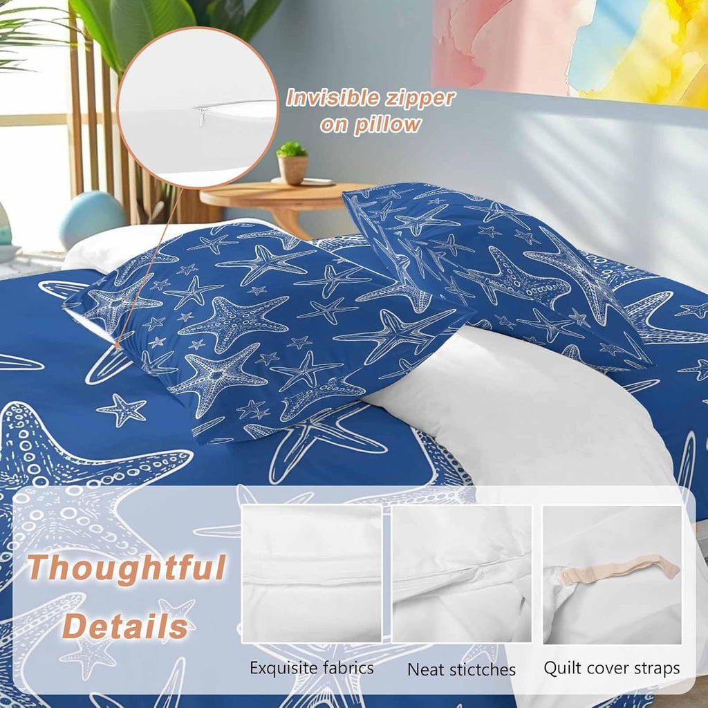 Summer Beach Blue Starfish Duvet Cover Set Queen Size 4 Pieces Modern Nautical Coastal Ocean Marine Life Bedding Set with Zipper Closure, 1 Comforter Cover 92x106 Inches 1 Flat Sheet & 2 Pillow Cases