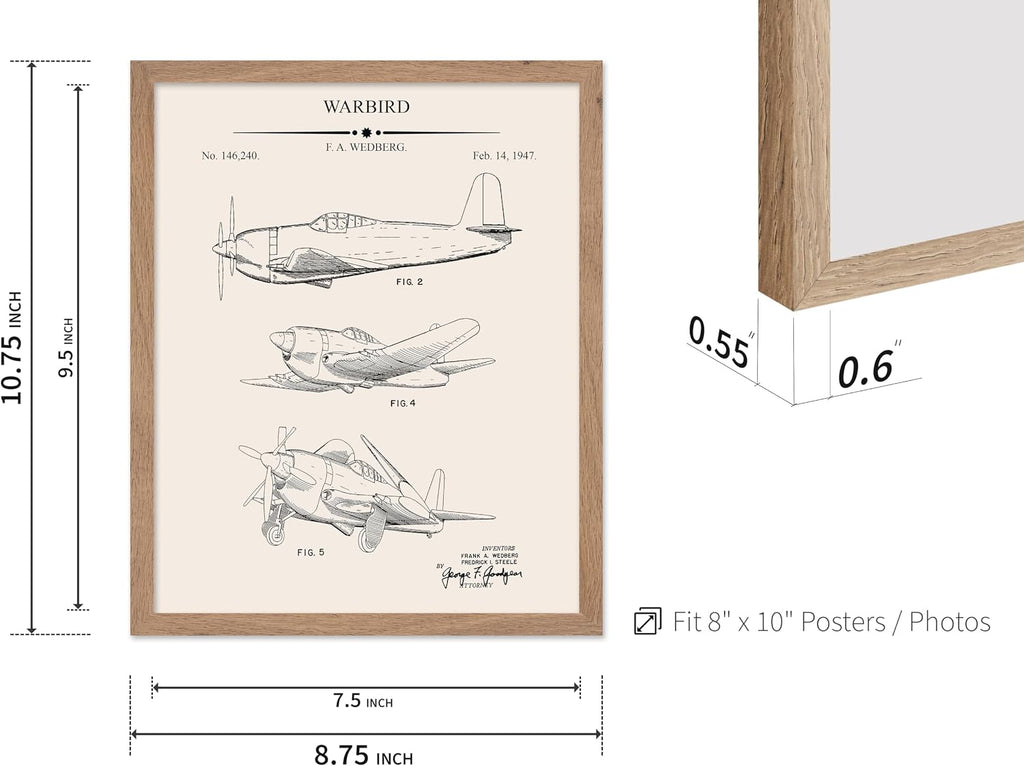 Poster Master 6-Piece Vintage Aviation Blueprint Poster - Airplane Patent Print - Aircraft Art - Aviation Design - Biplane & Warbird Print - Great Office or Living Room Decor - 8x10 Beige Framed