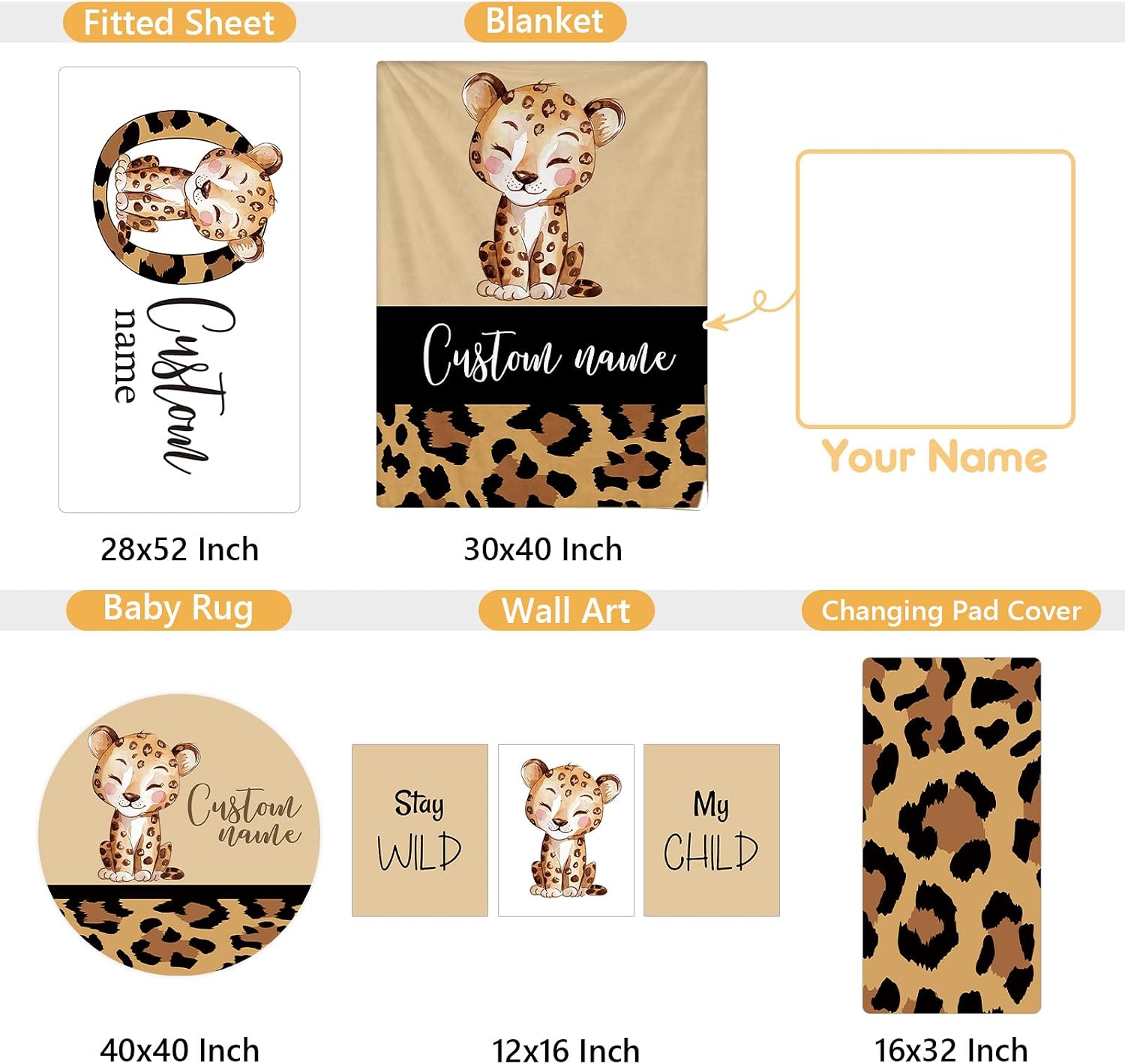 Terwex Personalized Toddler Bedding Set, 5 Pcs Custom Name Crib Bedding Set for Boys Girls, Brown Leopard Flannel Baby Bedding Set, Double Layer Baby Crib Set, Customized Gifts for Newborns Infants